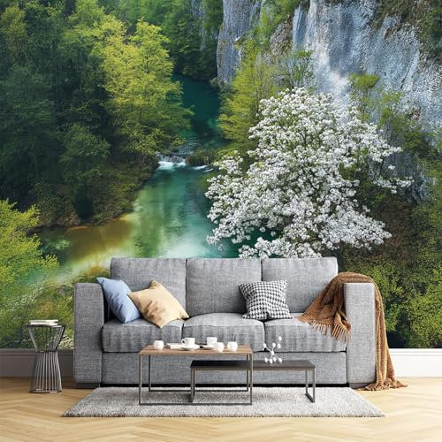 JEDTAKCT Papier Peint Panoramique 3D Vue Sur Le Lac Et La Forêt De Cerisiers En Fleurs 260X175Cm Nature Tapisserie Papier Peint Pour Chambre Salon Chambre Décoration Murale Papier Peint Mural