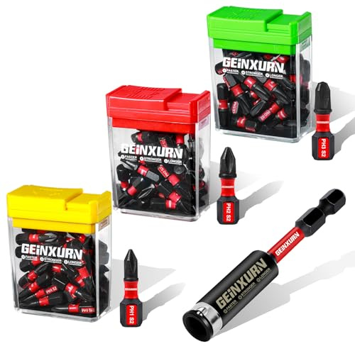 Geinxurn Phillips Cruciforme Lot de 90 Embouts de Tournevis Visseuse 25mm, PH1 PH2 PH3 Embouts de Vissage Magnétiques en Acier S2, Tige Hexagonale 1/4 avec 1 Pièce Porte-embout dans une Boîte Colorée