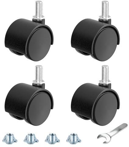 ANDUTEES 1.5 Inch Furniture Stem Casters Set of 4, Threaded Stem Diameter 5/16 Plastic Caster Wheels, Black Swivel Small Castors with T-Nuts, for Table, Cabinet, Storage Rack