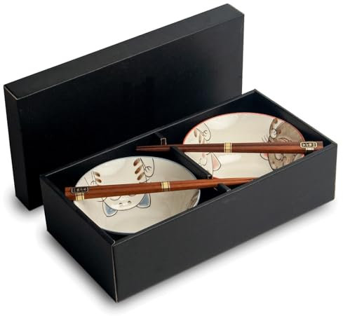 Yoaxia [ DREI KATZEN ] Schalen Set 2x Suppenschale/Reisschale Ø 15cm | H 7cm + 2 Paar Essstäbchen - aus Japan