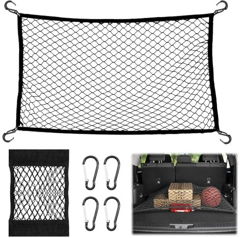 Scettar Rete Bagagliaio Auto 40*60cm Estendibile Fino a 108*72cm e Porta Oggetti per Auto 30*25 cm + 4 Moschettoni, Rete Portaoggetti Elastica Con 4 Ganci per Riporre e Fissare i Bagagli Nel Veicolo