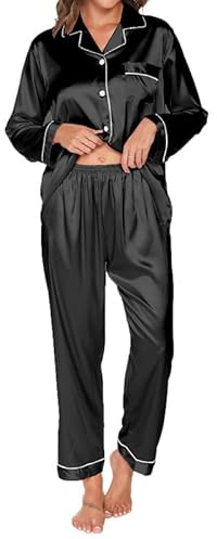 TeJoyce Women's Pyjama Sets Long Sleeve Silk Pjs for Women Sets Soft Satin Button Down Pj Sets Loungewear for All Seasons Black