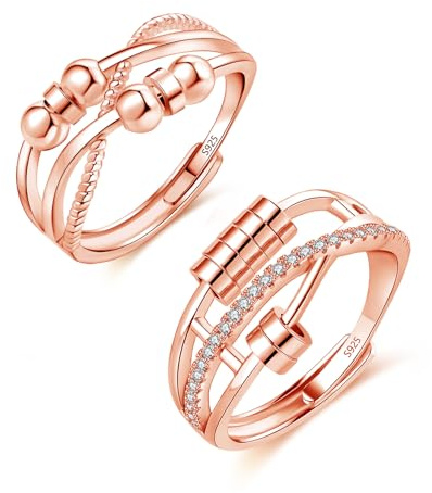 Zolkamery Anxiety Ring, 925 Sterling Silber Damen Angst Ring, Rose Gold Offen Einstellbar Anti Stress Stimmungsring mit Perlen, Liebespaar Spinner Fidget Ringe mit Perlen, Herren Unisex Stressringe