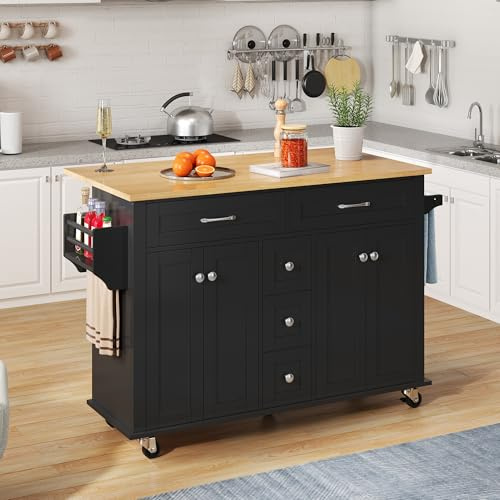 Merax Kücheninsel mit klappbare Arbeitsplatte, beweglicher Küchenwagen mit 4 Türen, 5 Schubladen, Handtuchregale an der Seite, L 140x W 40(65) x H 89cm/Schwarz