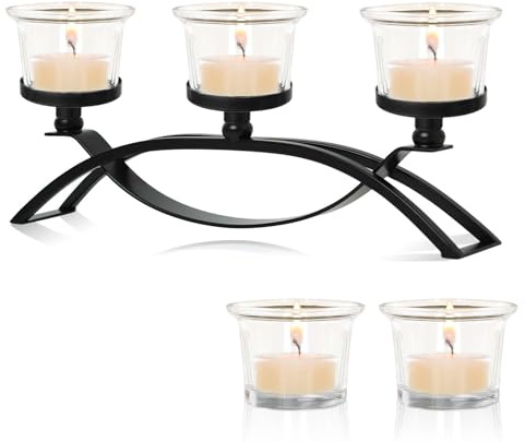 3-Arm Metal Tea Light Candle Holder Set with 5 Glass Cups, Votive Candle Holders Centerpiece Candelabra for Wedding Table Decor, Home Gatherings and Holidays (Black, 5 Cups)