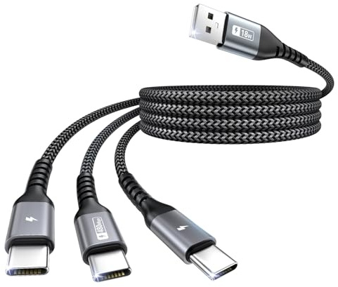 SUNGUY USB auf USB C kabel 1.2m, QC 3.0 USB C Splitterkabel 3 in 1 kabel mit 3 USB C Anschlüssen Nylon für iPhone 17/16/15 Series, Galaxy S25 S24, LG, Huawei, Google, Sony, Xiaomi, Honor