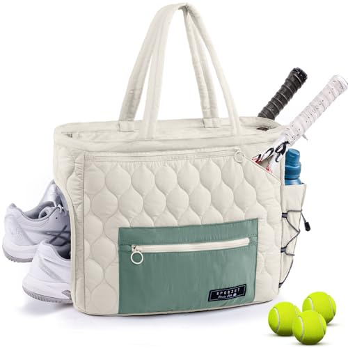 SPORJET Tennis Gym Bag for Women, Tennis Bag Holds 2-4 Rackets with Shoe Compartment & Wet Pocket, Sports Duffle Bags fits up to 15.6 Laptop, Quilted Travel Overnight Weekend Bag, Tennis Gift