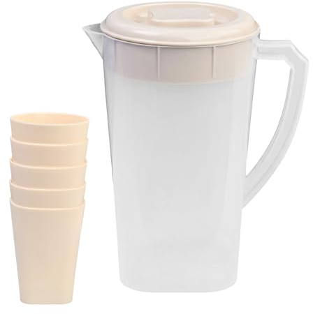 Ziyonix Pichet en Plastique 2,2 L avec Couvercle, Carafe à Eau avec Poignée et 5 Tasses, Carafe à Eau et à Jus avec Couvercle pour thé, jus, lait, boissons froides ou chaudes (beige)