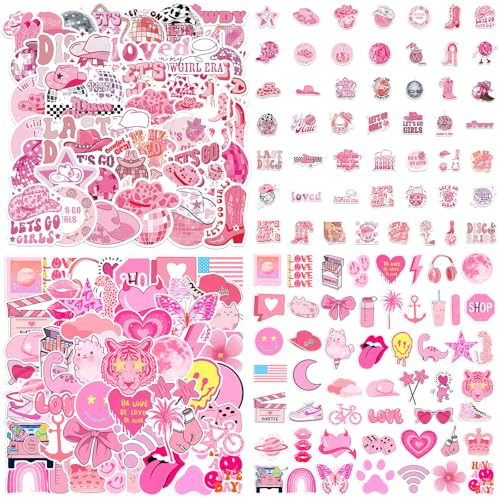 100 Pcs Pink Preppy Aesthetic Stickers - Cute Waterproof Vinyl Stickers Pack for Girls & Teens | Laptop, Water Bottle, Phone, Journal Decoration (Preppy Pink Designs) (Pink 1)