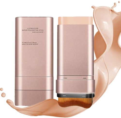 Foundation Make-Up Stick with Built-In Brush, Natural Beige, Dual-Ended | Rose-gold-toned rectangular case, brown-bristled blending applicator, fitted covers, for daily routines and make-up bags