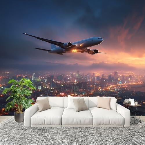 Générique Grande taille Papier Peint de Photo 350x256 cm Avion De La Ville AniméE Peler Et Coller Papier Peint Panoramique intissé Murale Violet Clair Pour Salon Chambre Enfant Chambre Décoration