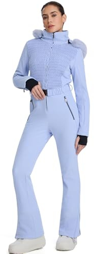 HOTIAN Traje de esquí de una pieza para mujer, mono de esquí impermeable a prueba de viento, traje de nieve para mujer, traje de invierno cálido, mono de snowboard con capucha, azul XL
