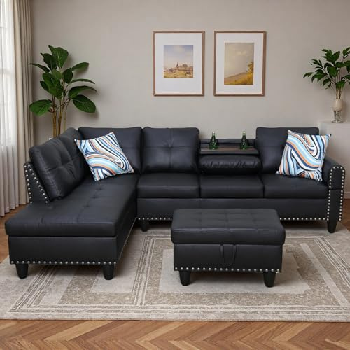 Trygoal Leather 3-Piece L-Shaped Sectional Sofa with Storage Ottoman & Movable Chaise - Modular Convertible Couch for Living Room, Bedroom & Small Apartment, Jet Black
