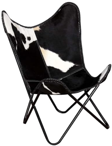 Yisssmeng Butterfly-Sessel Kuhfell Schwarz-Weiß 74x66x90 cm Eisenrahmen Retro Lounge Chair Lesesessel