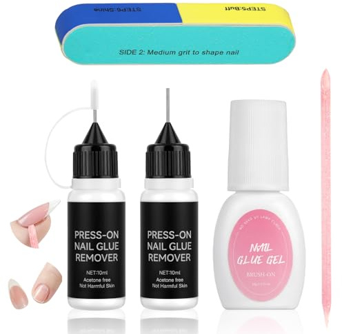 BUTBU Nagellimborttagarset, 2 x 10 ml nagellimborttagare, 1 x 10 ml nagellim, med nagelfil, enkel och snabb borttagning av gelnagellack, för pressning på naglar och konstgjorda nagelspetsar
