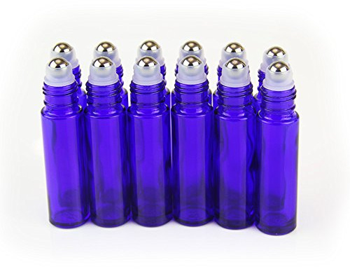 Yizhao Blau 10ml Roll On Glasflaschen für Ätherisches Öl, Leer Roll On Flasche mit Edelstahl Roller Bällen, für Aromatherapie-Gemische, Duftstoff, Parfüm,Massage - 12 Pcs