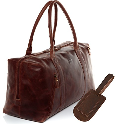 SID & VAIN große Reisetasche mit Adressanhänger echt Leder - Sporttasche Yale Zip groß - Weekender Handgepäck mit Schultergurt - Ledertasche Herren und Damen braun handgefertigt