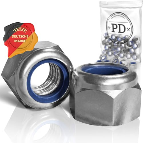 PD® Selbstsichernde Muttern M5 - Rostfreier Edelstahl A2 V2A | 10 Stück | Rostfreie Sechskantmuttern mit vibrationssicherem Kunststoffklemmteil | Stoppmuttern & Kontermuttern | DIN 982 / ISO 7040