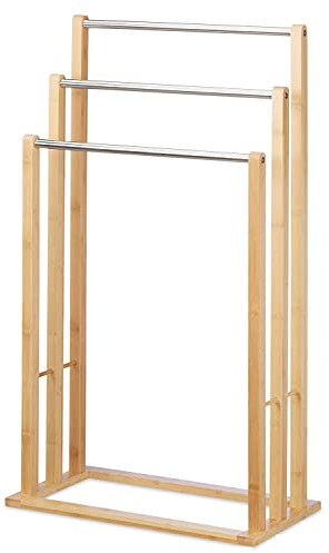 Towel Holder Freestanding with 3 Towel Rails, Towel Stand for Bathroom, Wood, Stainless Steel, HWD: 84 x 48 x 26 cm, Natural Camper Van Caravan Camping Shed Garage Rail