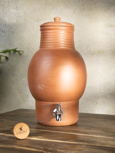 Village Decor Pot d'eau en terre cuite avec couvercle et robinet en acier inoxydable 304 | boue en terre cuite pré-assaisonnée (capacité 4000 ml)