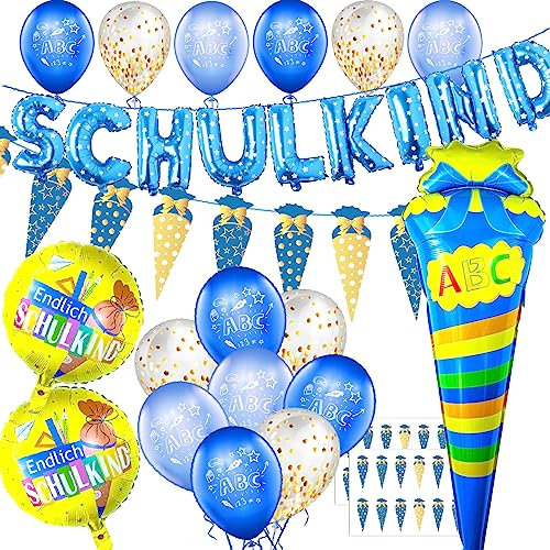 Einschulung Deko Set für Junge, Schuleinführung Schulanfang Luftballon Set mit ABC 123 Zuckertüte Motiv, Folienballon Schulkind Girlande, Zuckertüten Banner, Schultüte Konfetti, 2 Folienballon