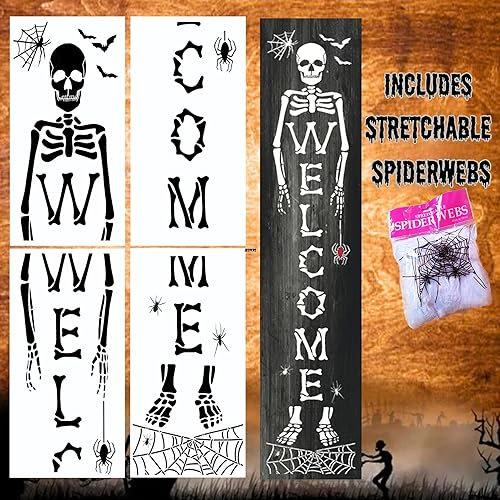 Skelett Willkommen Schablonen mit Spinnennetzen, Skelett Schablone Vorlagen für ein vertikales Schild, Halloween Schablonen zum Malen auf Holz, Leinwand, Wiederverwendbares Malschablonen-Set für