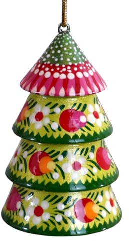 Weihnachtsbaumschmuck Glocke - Tannenbaum aus Holz 6,5 х 4,5 cm - Nostalgischer Christbaumschmuck handbemalt mit Ukrainischer Petrykiwka-Malerei