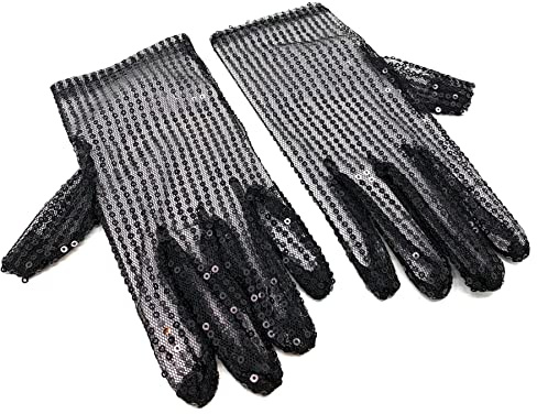 Cadoline Schwarze Damen-Kostümhandschuhe aus Polyester mit Pailletten, 22 cm