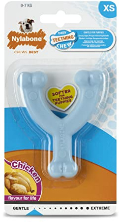 Nylabone Puppy Teething Chew Toy Wishbone Puppy Blue Original Chicken Flavour, X-Small/Petite (1 Count)