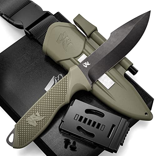 ODENWOLF W3 Outdoor Messer feststehende Klinge - Inkl. Scheide + Feuerstarter - Ideales Jagdmesser aus einem Stück D2 Stahl gefertigt - Premium Survival Messer - Bushcraft Messer Outdoor