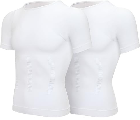 SLIMBELLE Shapewear Herr kompressionströja mage kontroll undertröja body shaper, Vit + vit, M
