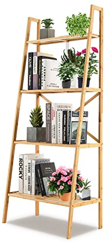 GOPLUS Bibliothèque en Bambou, Étagère en Échelle à 4 Niveaux, avec Dispositif Anti-basculement, Étagère de Rangement pour Salon, Entrée, Bureau, Balcon, Naturel