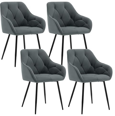 WOLTU Lot de 4 Chaises de Salle à Manger, Chaises de Cuisine Rembourrées avec Dossier, Accoudoirs, Pieds en Métal, pour Salon, Bureau, Coiffeuse, en Velours, Gris foncé.