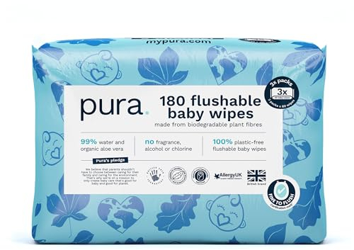 Pura Toallitas Desechables WC Para Bebés, 180 Toallitas (3 x 60 Toallitas), 100% Toallitas Húmedas Libres de Plástico, 99% Agua, Piel Sensible, Biodegradables, Algodón Orgánico