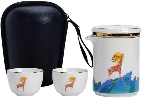 Service à thé Voyage Blanc Vintage Théière en Céramique 2 Tasses à Thé avec Sac Portable Théière de Voyage Portable Utilisé pour Pique-Nique en Plein Air (Color : WhiteA, Size : 11 * 9.5 * 14cm)