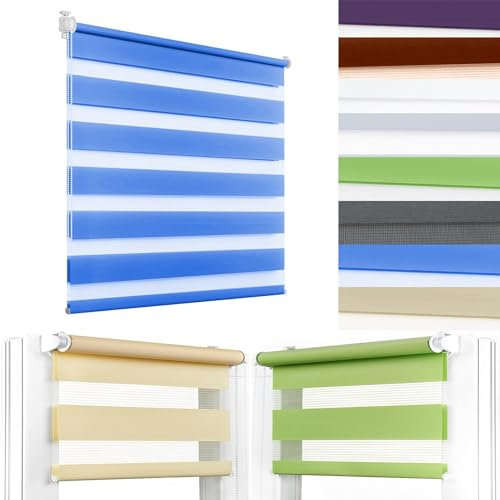 Doppelrollo Klemmfix ohne Bohren 65 x 100 cm Sichtschutz und Sonnenschutz Zebrarollo Fensterrollo Klemmrollo inkl. Befestigungsmaterial für Fenster & Türen, Blau