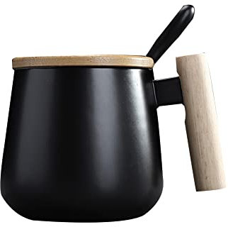 Tassety Keramiktasse mit Holzgriff, nordischer Stil, mit Löffeldeckel, Kaffeetasse, Fassungsvermögen, Schwarz