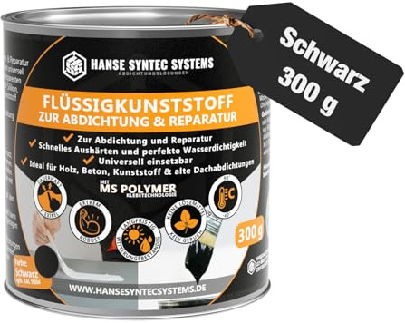 HSS Flüssigkunststoff 300g Schwarz für Abdichtung & Reparatur MS-Polymer | 300g · Weiß · Für Innen & Außenbereich · UV- & witterungsbeständig · Dichtmasse · Ohne Lösungsmittel · Ohne Bitumen