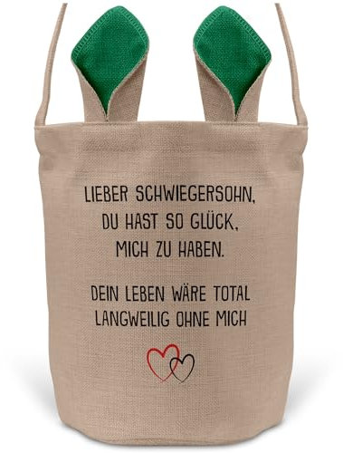 22Feels Schwiegersohn Männer Osterkorb mit Henkel Ostergeschenk Tragetasche Ostern Deko Osternest Körbchen Hasenohren (Beige/Grün)