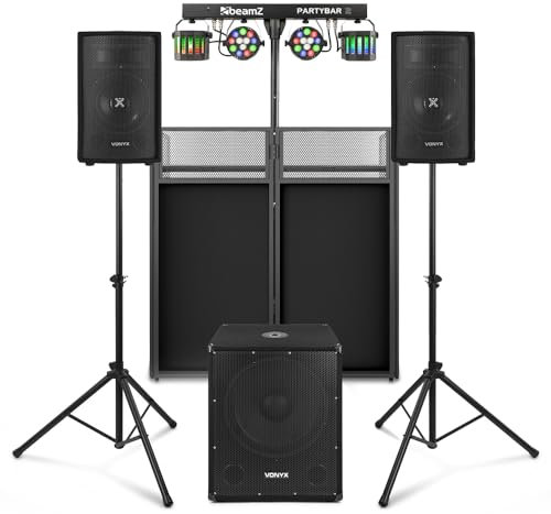 VONYX VX0812BT 2.1 Active DJ Speaker Package with Subwoofer, DJ Setup, Bluetooth, Disco Light Bar & Foldable Booth - Portable System for Pubs, DJs, and Small Venues