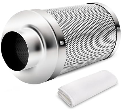 iPower Filtro aria al carbonio da 10,2 cm, con carbone vergine australiano per ventilatori in linea, idroponica, tenda da coltivazione, prefiltro incluso, flangia reversibile 10,2 x 30,5 cm, argento