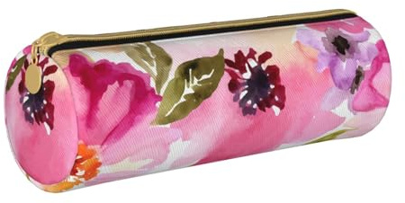 YWSOTRE Aquarell Blumen Rosa Fuchsie, Federmäppchen, zylindrisches Stiftetui, tragbares Leder-Bleistiftetui mit Reißverschluss, Kosmetiktasche