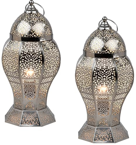 Marrakech - Set di 2 lampade da tavolo orientali da comodino, 40 cm, in stile boho, per soggiorno, camera da letto e cameretta dei bambini, lampada da tavolo Jaleel, in metallo, colore: argento
