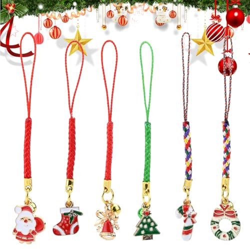 Satiskid 6 piezas de colgantes de teléfono, cordón trenzado de Navidad, llavero de aleación antipérdida, llavero de cadena de teléfono lindo, pulseras para teléfono móvil, Acero aleado