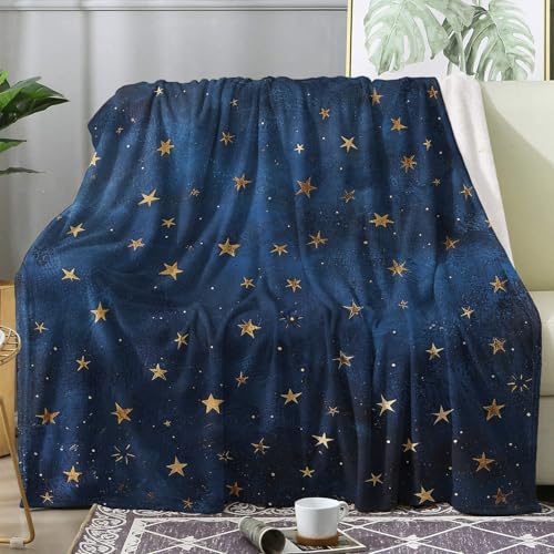 ZDABAOEC Kuscheldecke Flauschig Blau Gold Sterne Decke, Fleecedecke 130x150, Sofadecke & Couchdecke, Weiche Kuschelige Wohndecke Blanket, Klein Decken für Sofa Couch