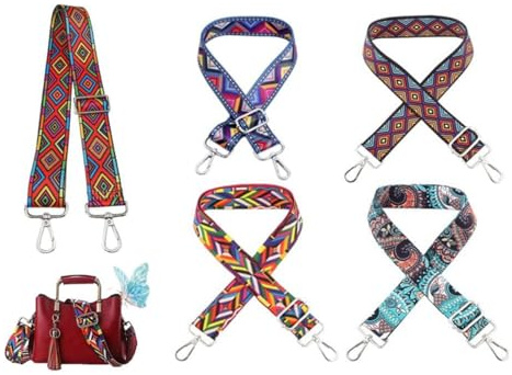 Hitopin 5 Stück Etnische Art Tasche Schultergurt, Damen Taschengurt Breiter Schultergurts, Taschengurt Boho Schultergurt, für Taschen Handtaschen(Silber Karabiner)
