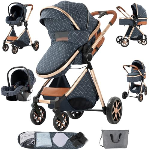Sianldcone Kinderwagen 3 in 1, Hochwertige Stoffe Kinderwagen Set, Zwei-Wege-Schiebefunktion Reisesysteme, Offene Sicht Kombikinderwagen 3 in 1 Komplettset (V9 Blue)