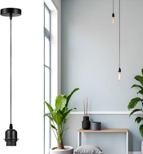 LEDSone Plafonnier industriel noir, douille métallique à vis E26/E27 avec anneau de verrouillage pour abat-jour, câble flexible tressé réglable de 100 cm | Rosace - Lot de 2 (Sans ampoule - 1 pièce)