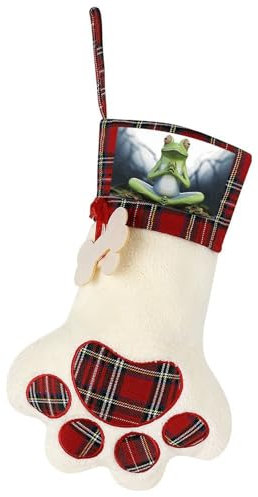 Weihnachtsstrumpf für Hunde, personalisierbar, lustiger Yoga-Frosch, bedruckter Weihnachtsstrumpf zum Aufhängen, handgefertigt, Hunde-Fußabdrücke, Muster für Weihnachtsdekoration