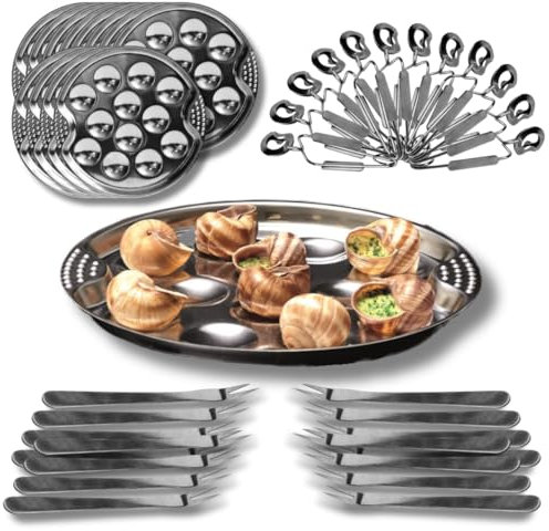 PZL CONCEPT Service à Escargots 12 trous - Assiettes, Pinces et Piques à Escargots en Acier Inoxydable - Coffret Complet d’Ustensiles pour 4, 6, 8 ou 12 personnes (Set 36 pcs)